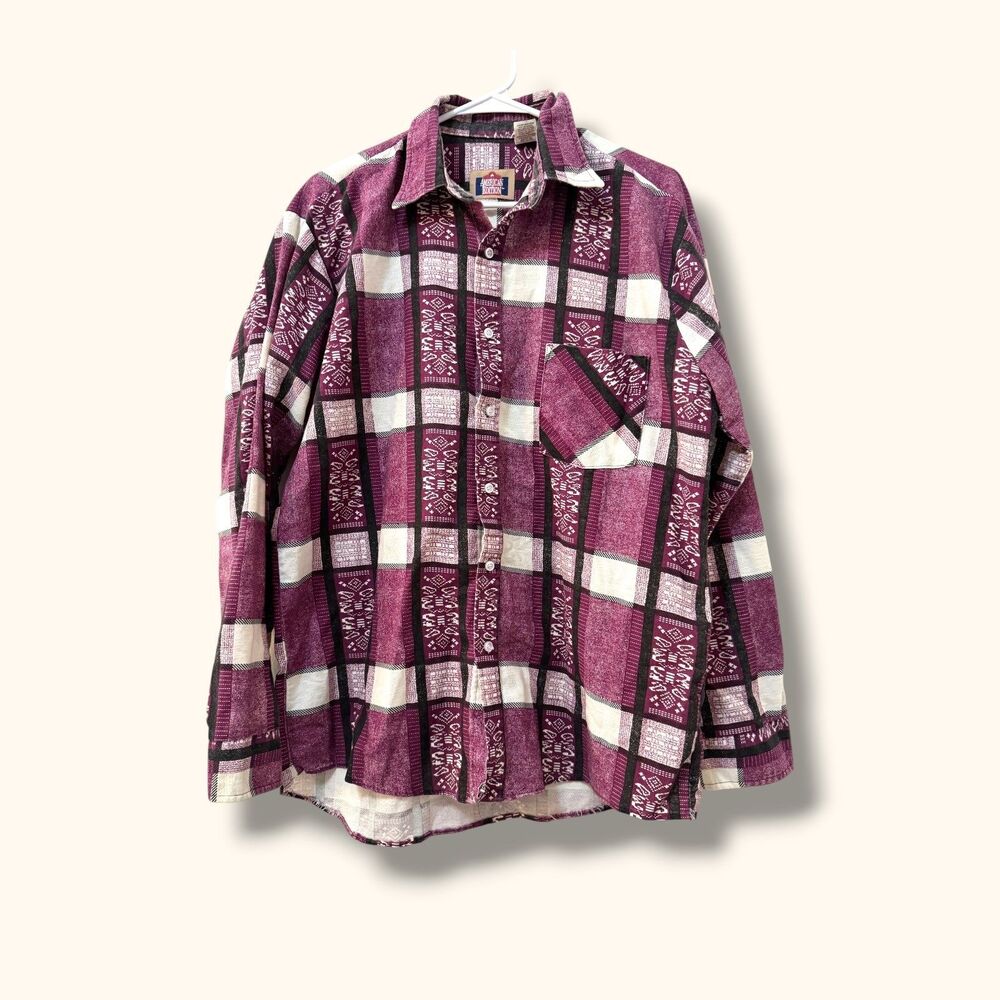 American Edition Shirt Mens L Long Sleeve Button Up Plaid Burgundy Cotton Casual